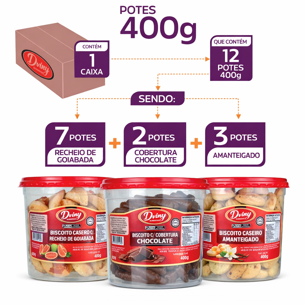Biscoitos Amanteigados Tradicional C/12 Potes Misto 400g - Dviny