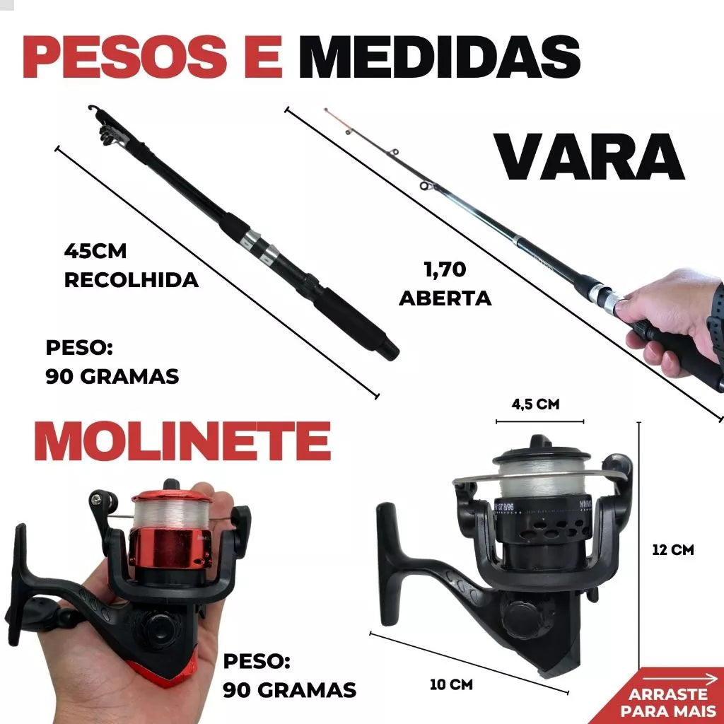 Kit De Pesca Completo 1 Vara Telescópica + 1 Molinete Com Linha - Acessórios Iscas, Anzóis, Chumbada