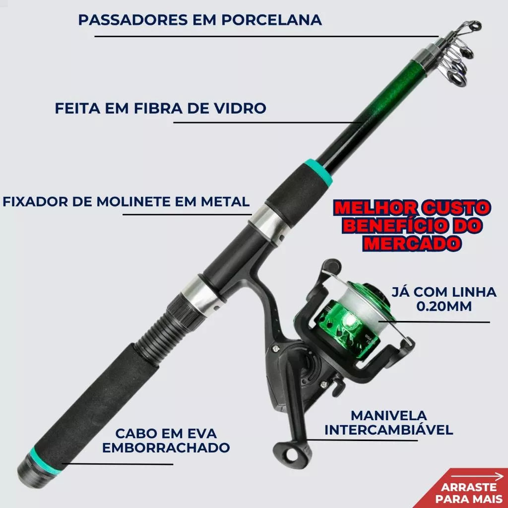 Kit De Pesca Completo 1 Vara Telescópica + 1 Molinete Com Linha - Acessórios Iscas, Anzóis, Chumbada