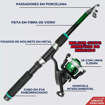 Kit De Pesca Completo 1 Vara Telescópica + 1 Molinete Com Linha - Acessórios Iscas, Anzóis, Chumbada